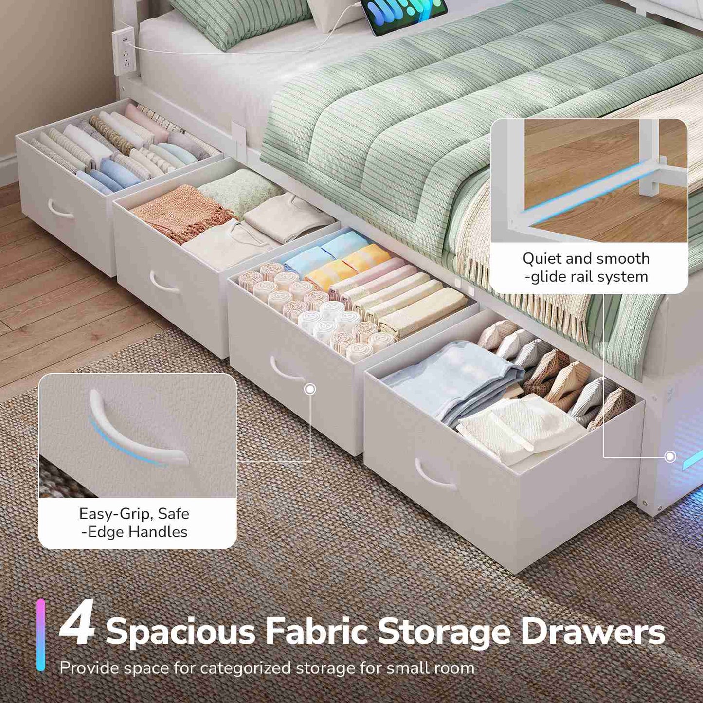 DICTAC | Cyberpunk L-Shaped Gaming Bed Frame with RGB LED Lights, Storage Drawers & Charging Station, White