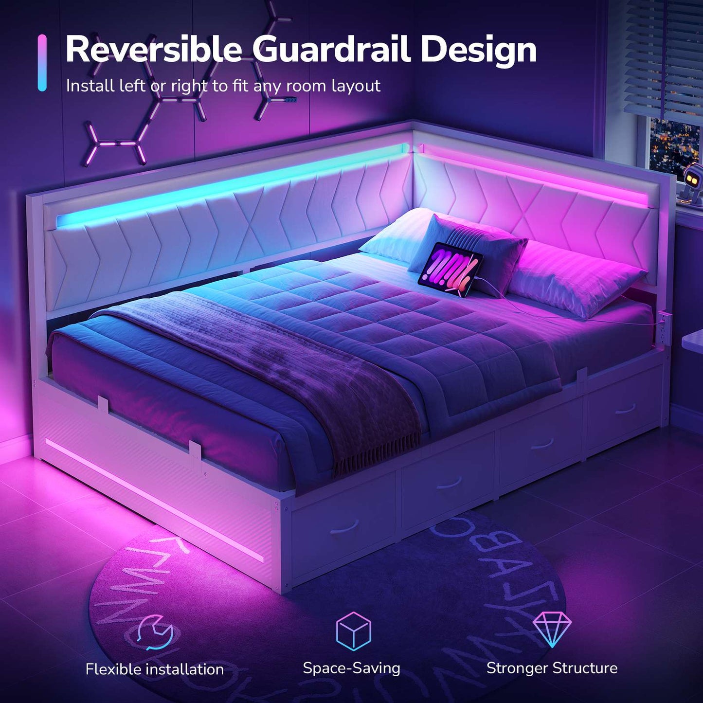 DICTAC | Cyberpunk L-Shaped Gaming Bed Frame with RGB LED Lights, Storage Drawers & Charging Station, White