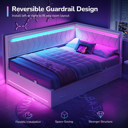DICTAC | Cyberpunk L-Shaped Gaming Bed Frame with RGB LED Lights, Storage Drawers & Charging Station, White
