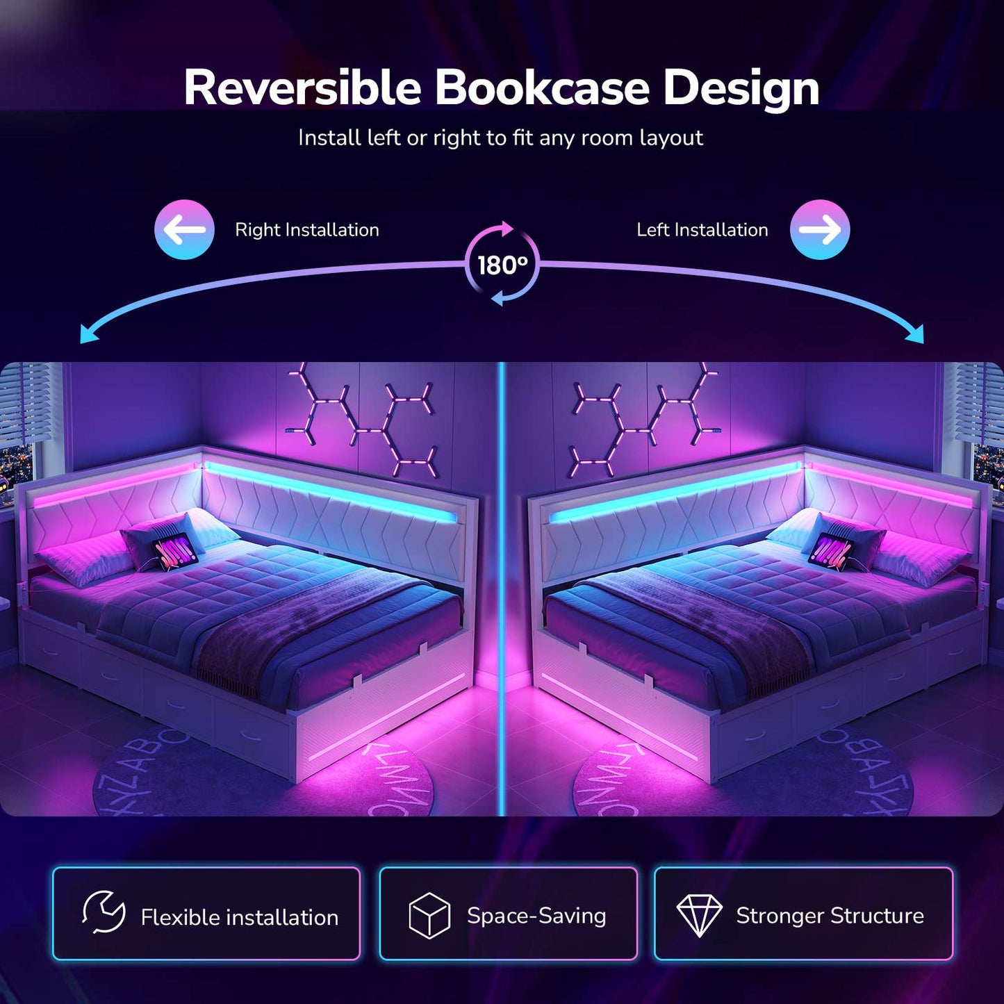 DICTAC | Cyberpunk L-Shaped Gaming Bed Frame with RGB LED Lights, Storage Drawers & Charging Station, White