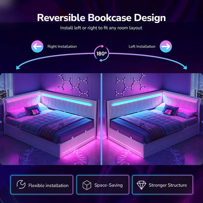 DICTAC | Cyberpunk L-Shaped Gaming Bed Frame with RGB LED Lights, Storage Drawers & Charging Station, White