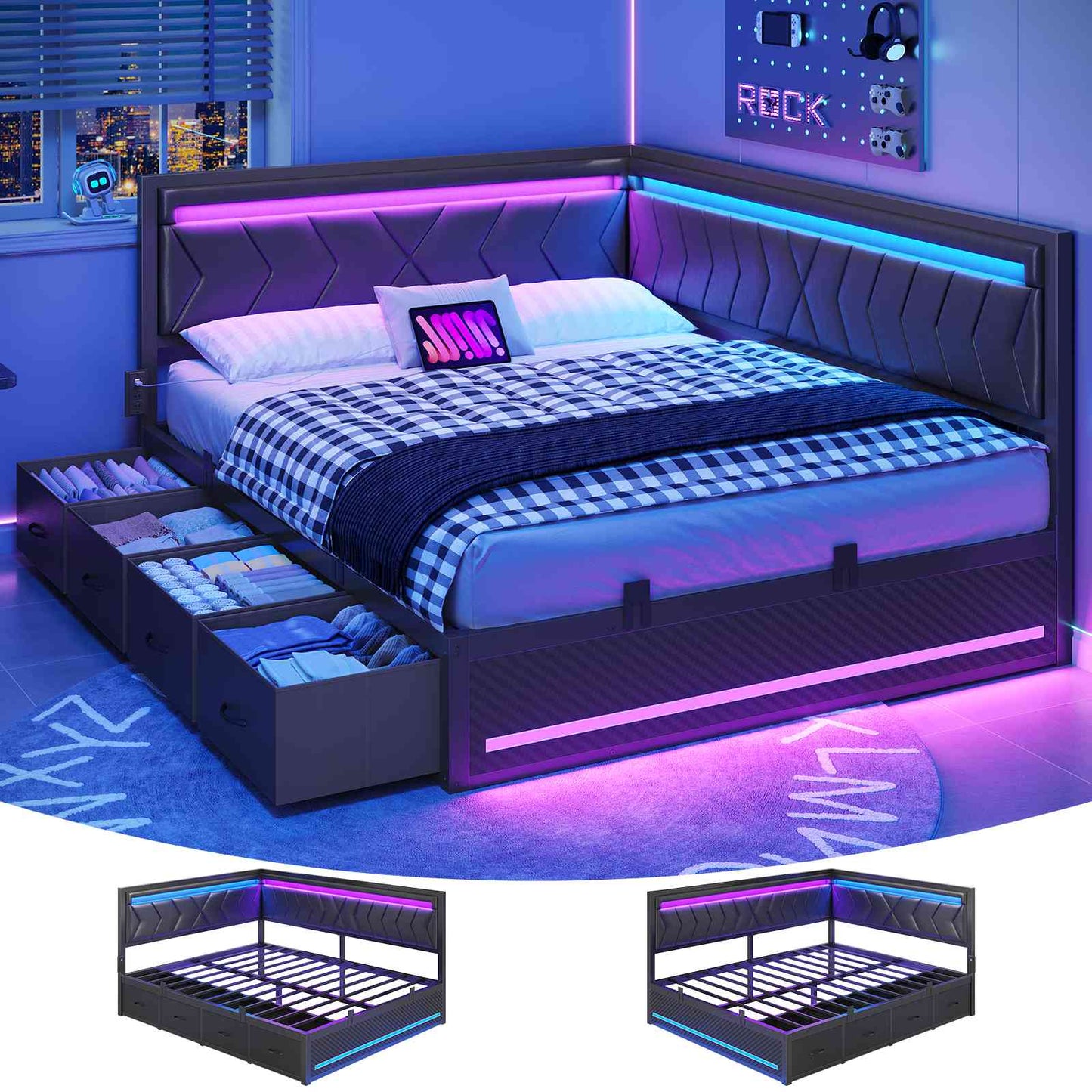 DICTAC | Cyberpunk L-Shaped Gaming Bed Frame with RGB LED Lights, Storage Drawers & Charging Station, Black