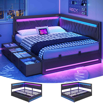 DICTAC | Cyberpunk L-Shaped Gaming Bed Frame with RGB LED Lights, Storage Drawers & Charging Station, Black