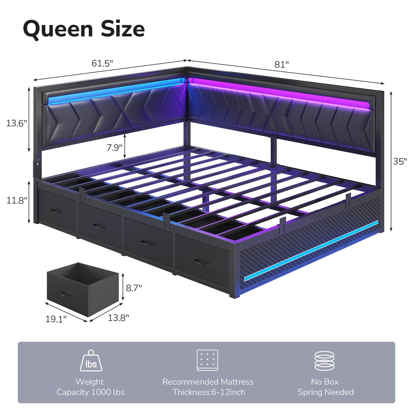 DICTAC | Cyberpunk L-Shaped Gaming Bed Frame with RGB LED Lights, Storage Drawers & Charging Station, Black