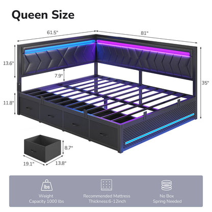DICTAC | Cyberpunk L-Shaped Gaming Bed Frame with RGB LED Lights, Storage Drawers & Charging Station, Black