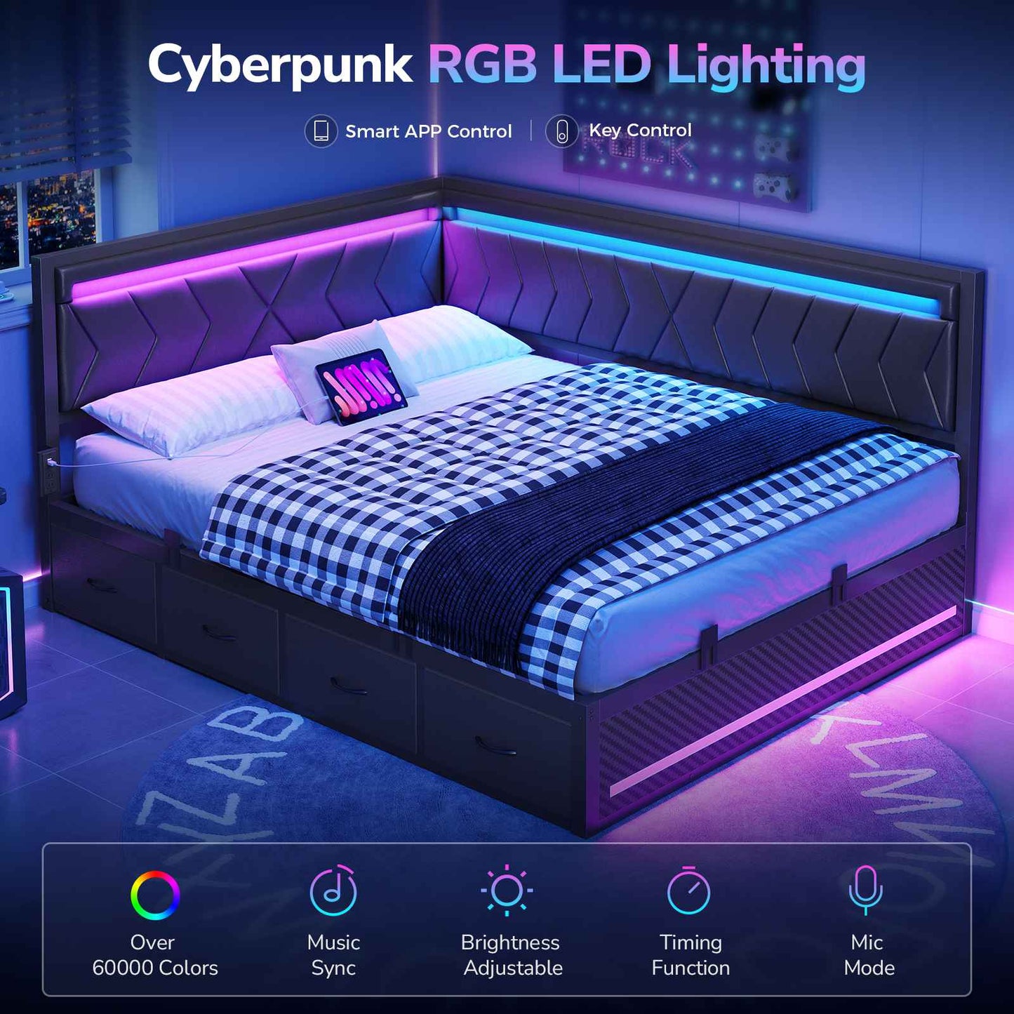 DICTAC | Cyberpunk L-Shaped Gaming Bed Frame with RGB LED Lights, Storage Drawers & Charging Station, Black