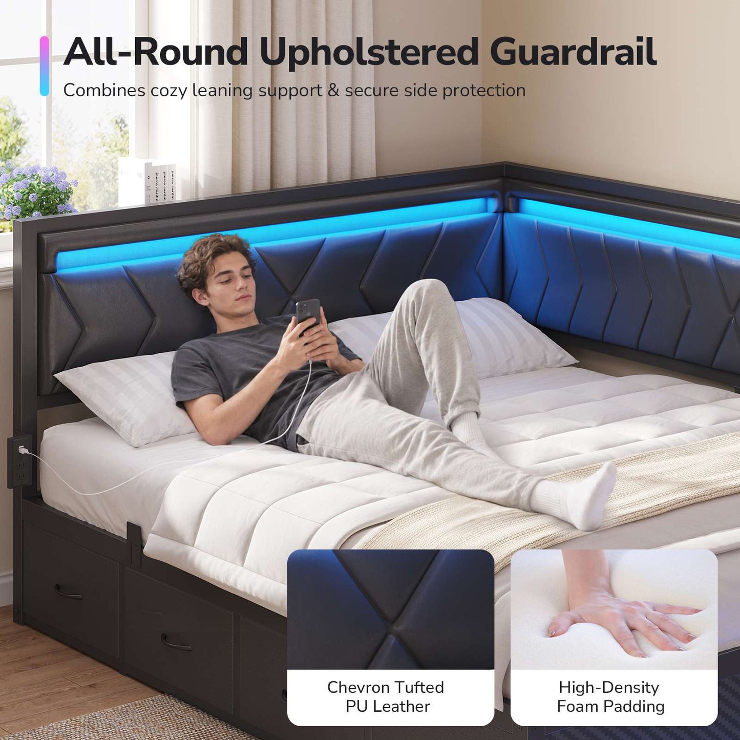 DICTAC | Cyberpunk L-Shaped Gaming Bed Frame with RGB LED Lights, Storage Drawers & Charging Station, Black