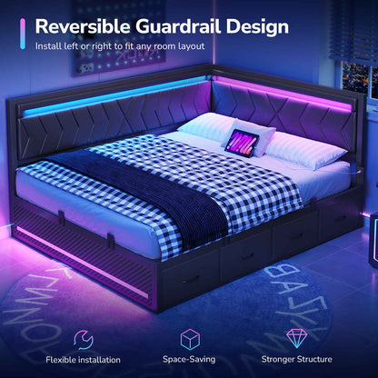 DICTAC | Cyberpunk L-Shaped Gaming Bed Frame with RGB LED Lights, Storage Drawers & Charging Station, Black