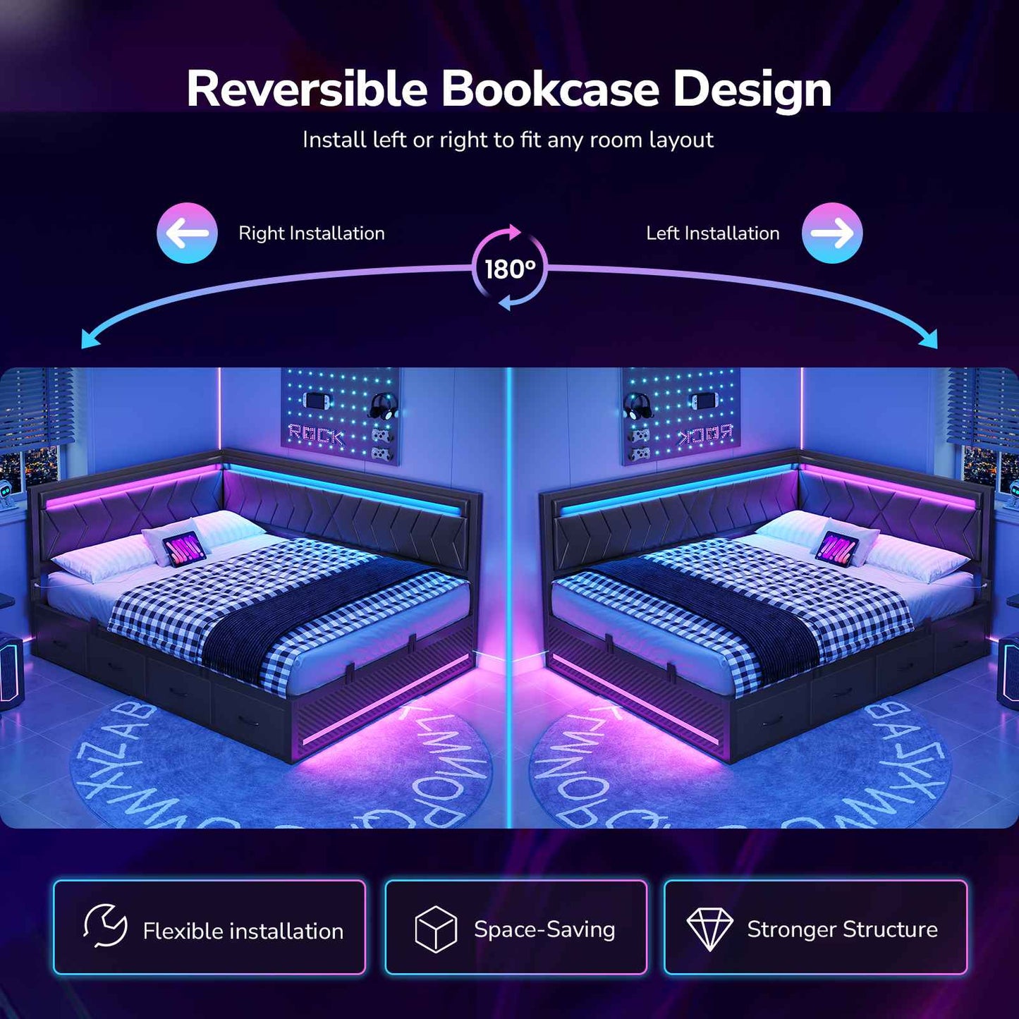 DICTAC | Cyberpunk L-Shaped Gaming Bed Frame with RGB LED Lights, Storage Drawers & Charging Station, Black