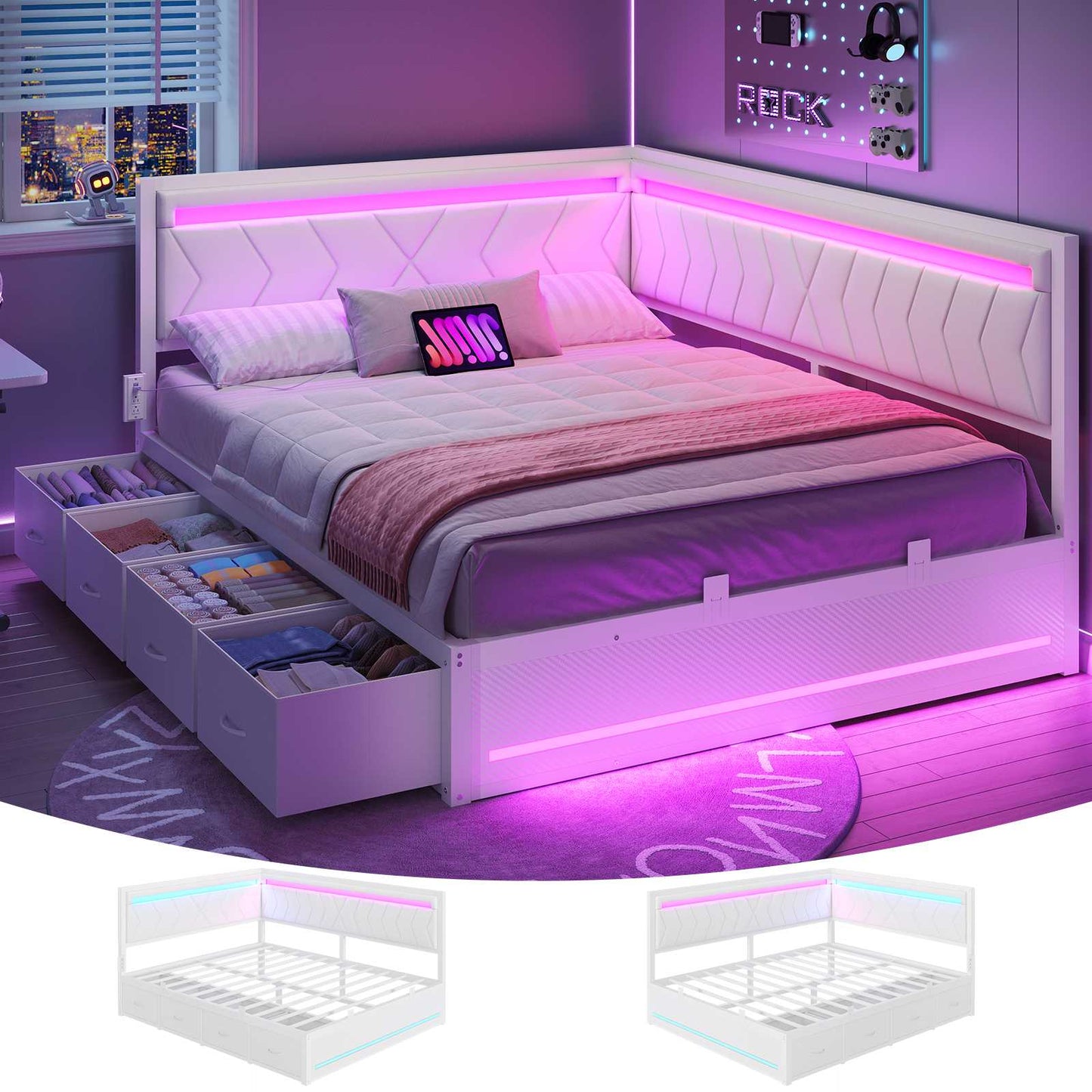 DICTAC | Cyberpunk L-Shaped Gaming Bed Frame with RGB LED Lights, Storage Drawers & Charging Station, White