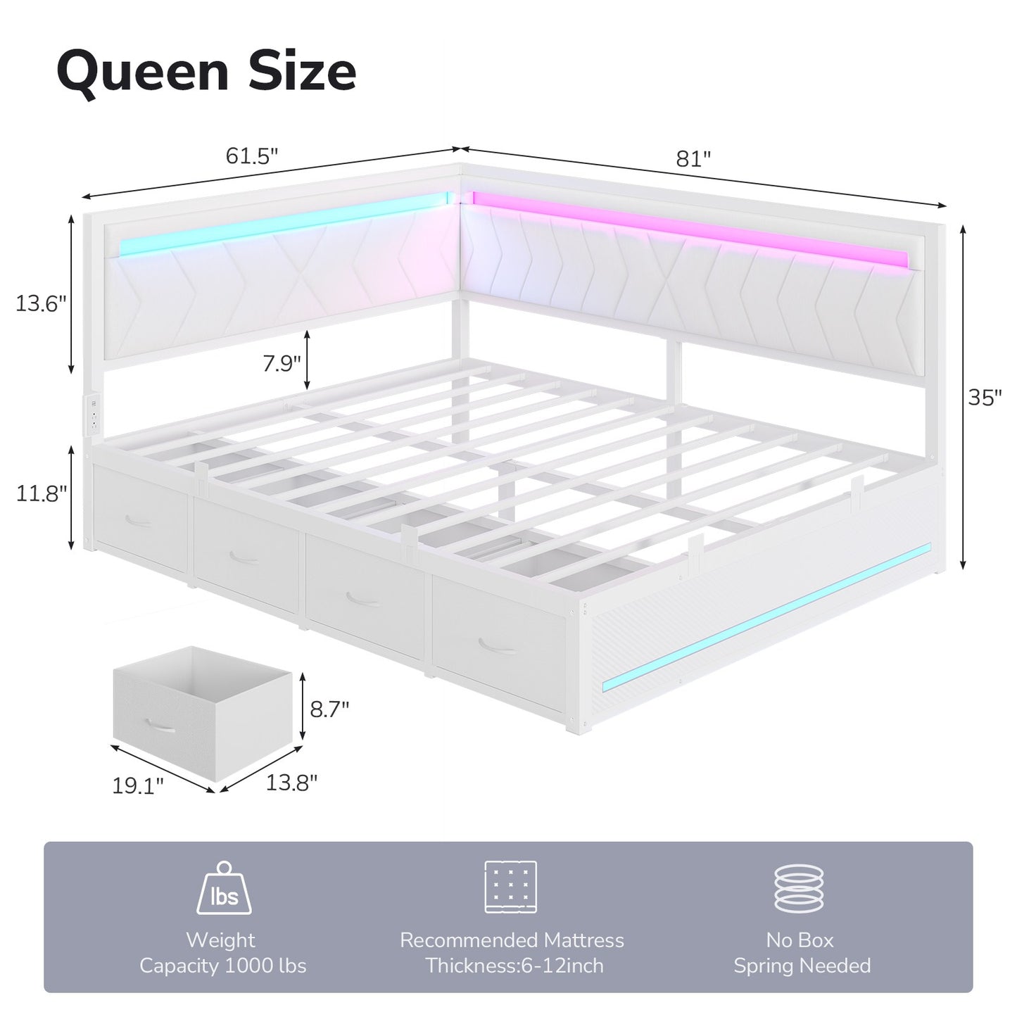 DICTAC | Cyberpunk L-Shaped Gaming Bed Frame with RGB LED Lights, Storage Drawers & Charging Station, White
