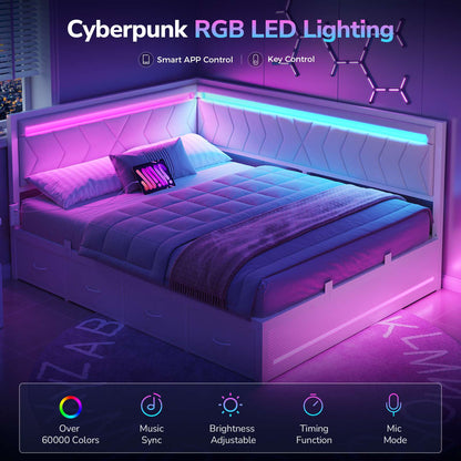 DICTAC | Cyberpunk L-Shaped Gaming Bed Frame with RGB LED Lights, Storage Drawers & Charging Station, White