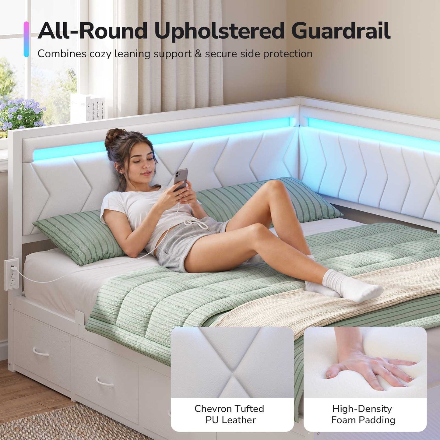 DICTAC | Cyberpunk L-Shaped Gaming Bed Frame with RGB LED Lights, Storage Drawers & Charging Station, White