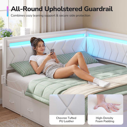 DICTAC | Cyberpunk L-Shaped Gaming Bed Frame with RGB LED Lights, Storage Drawers & Charging Station, White