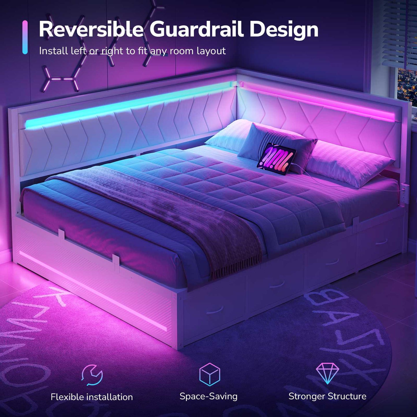 DICTAC | Cyberpunk L-Shaped Gaming Bed Frame with RGB LED Lights, Storage Drawers & Charging Station, White