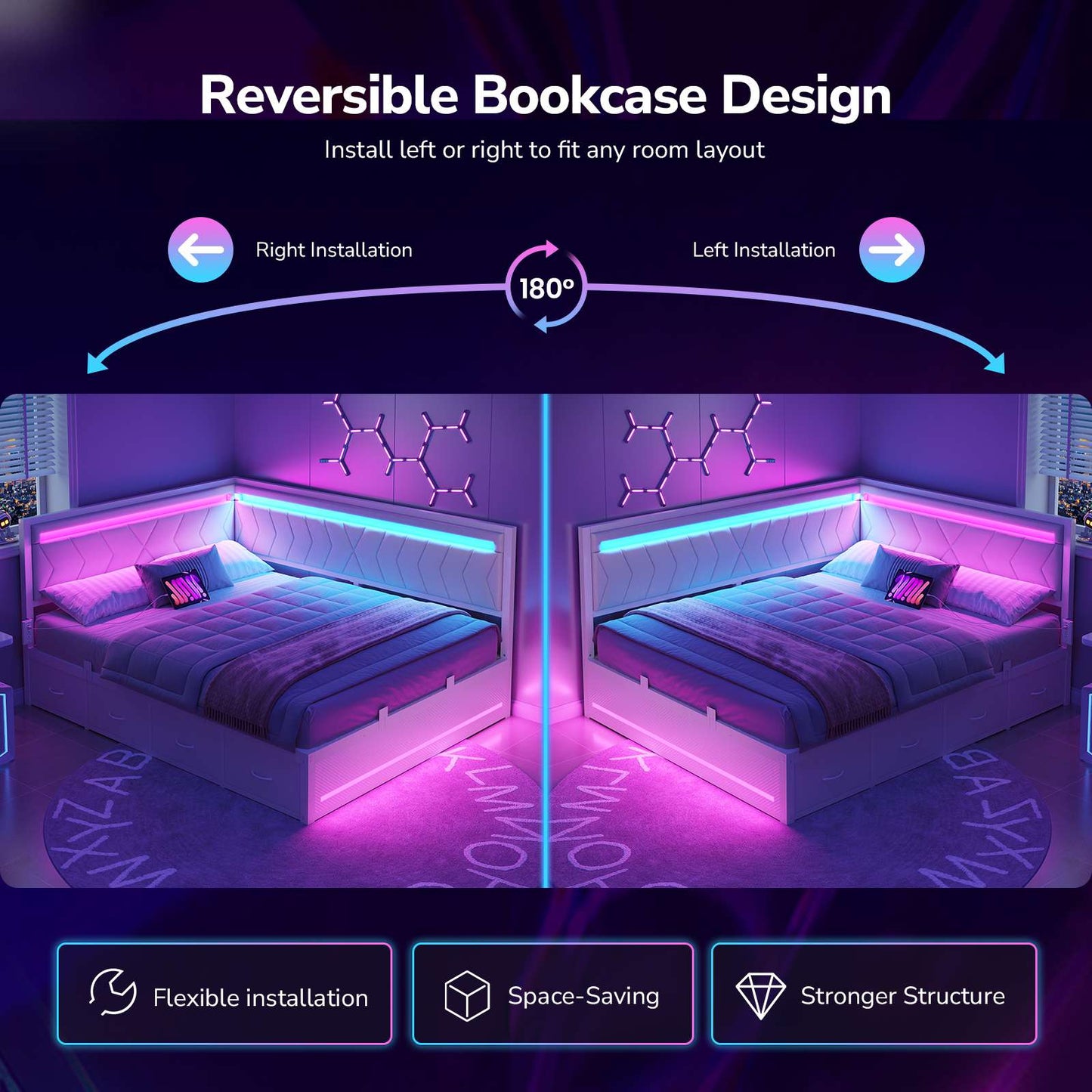 DICTAC | Cyberpunk L-Shaped Gaming Bed Frame with RGB LED Lights, Storage Drawers & Charging Station, White