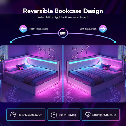 DICTAC | Cyberpunk L-Shaped Gaming Bed Frame with RGB LED Lights, Storage Drawers & Charging Station, White