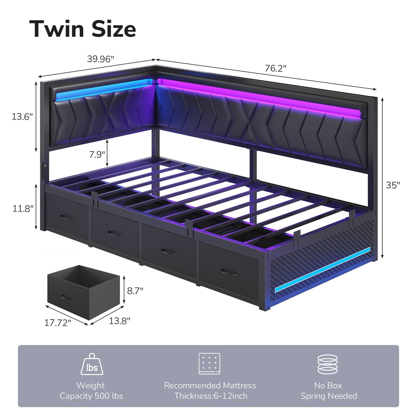 DICTAC | Cyberpunk L-Shaped Gaming Bed Frame with RGB LED Lights, Storage Drawers & Charging Station, Black