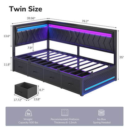 DICTAC | Cyberpunk L-Shaped Gaming Bed Frame with RGB LED Lights, Storage Drawers & Charging Station, Black