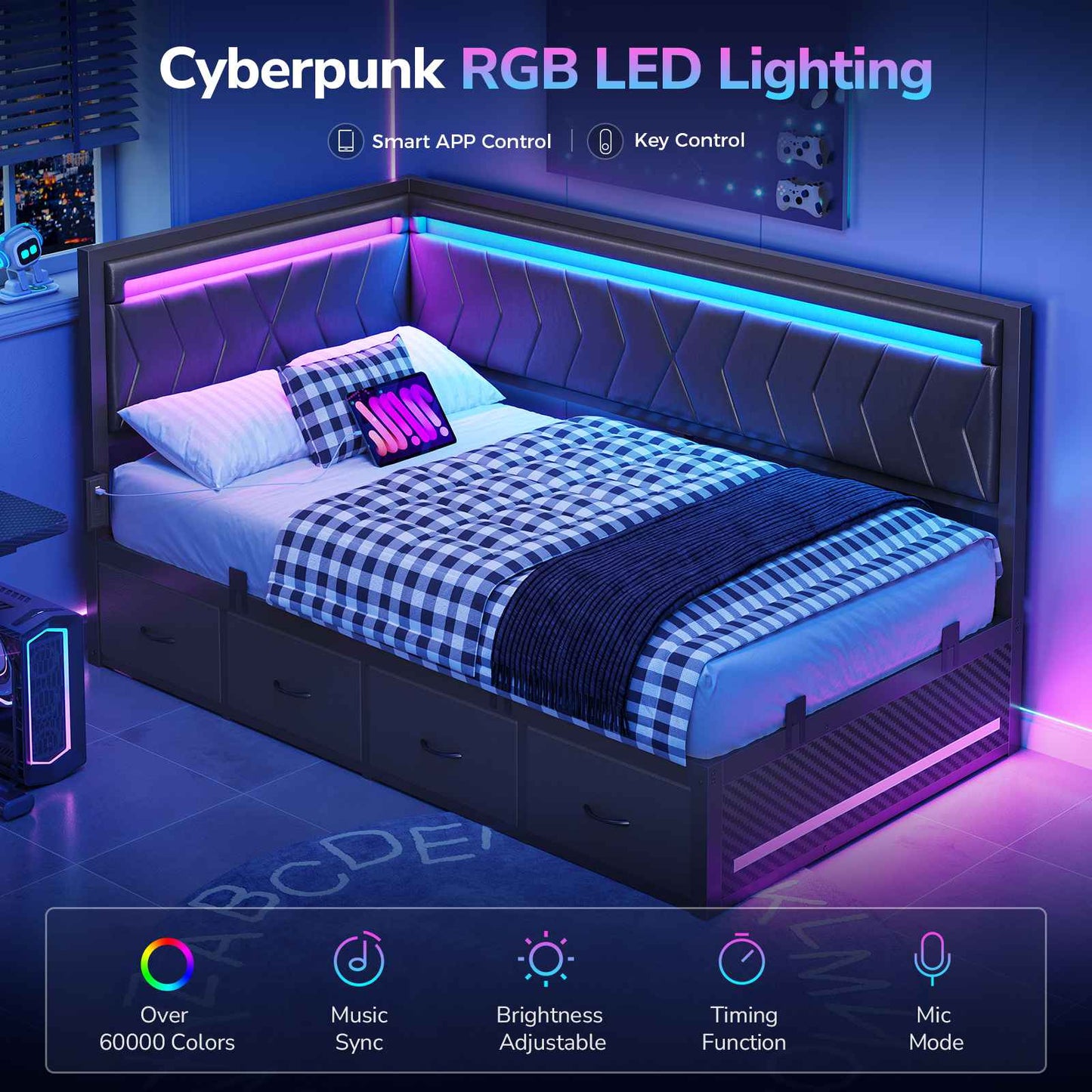 DICTAC | Cyberpunk L-Shaped Gaming Bed Frame with RGB LED Lights, Storage Drawers & Charging Station, Black