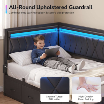 DICTAC | Cyberpunk L-Shaped Gaming Bed Frame with RGB LED Lights, Storage Drawers & Charging Station, Black