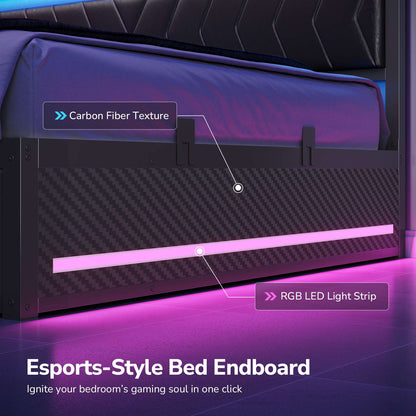 DICTAC | Cyberpunk L-Shaped Gaming Bed Frame with RGB LED Lights, Storage Drawers & Charging Station, Black