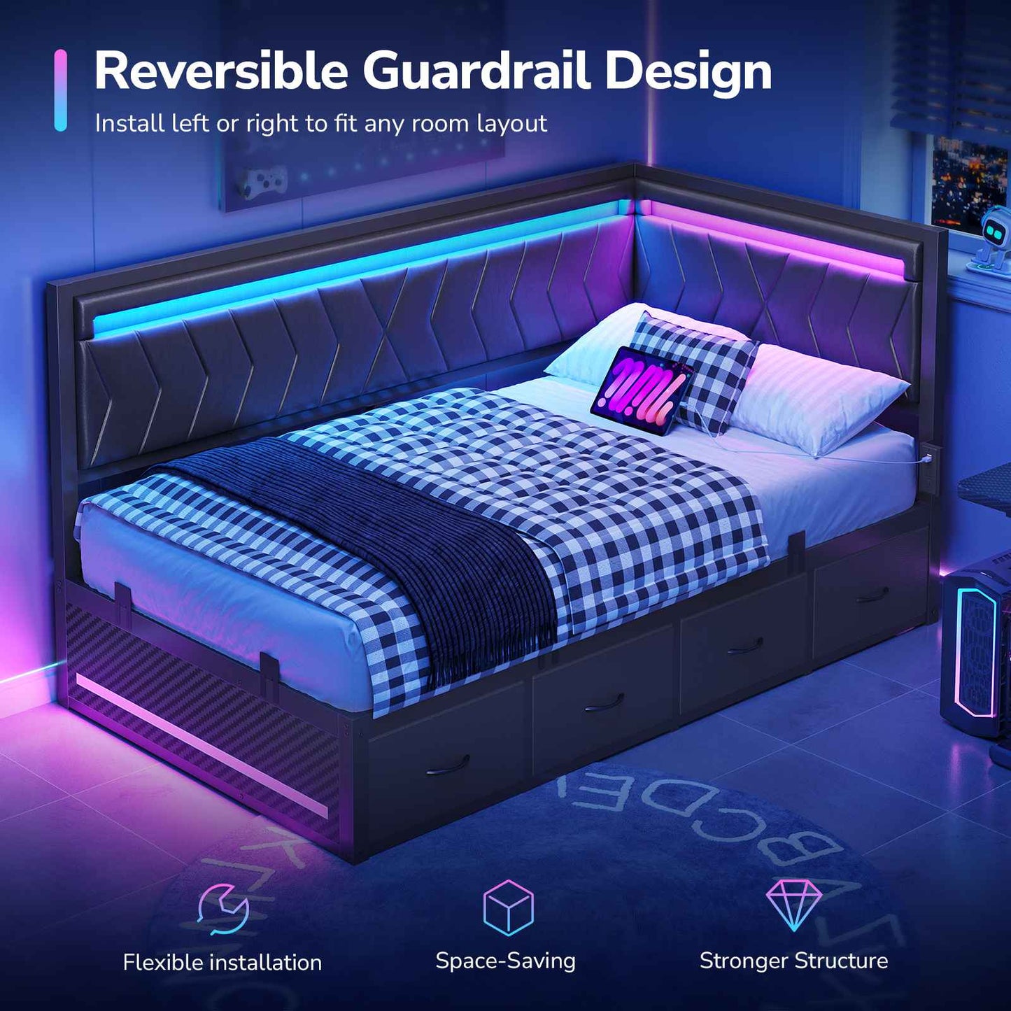 DICTAC | Cyberpunk L-Shaped Gaming Bed Frame with RGB LED Lights, Storage Drawers & Charging Station, Black