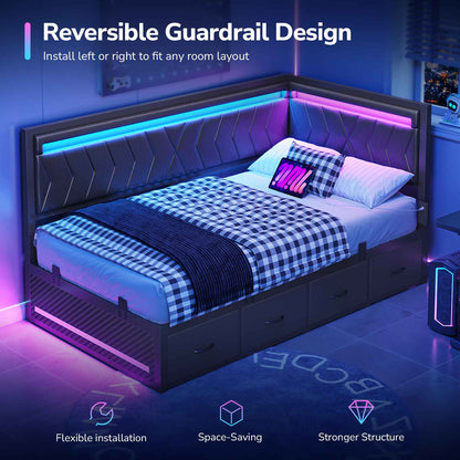 DICTAC | Cyberpunk L-Shaped Gaming Bed Frame with RGB LED Lights, Storage Drawers & Charging Station, Black
