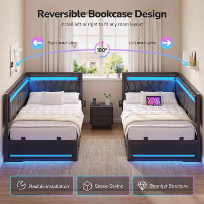 DICTAC | Cyberpunk L-Shaped Gaming Bed Frame with RGB LED Lights, Storage Drawers & Charging Station, Black