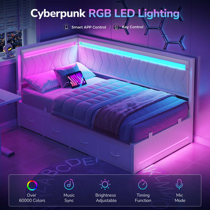 DICTAC | Cyberpunk L-Shaped Gaming Bed Frame with RGB LED Lights, Storage Drawers & Charging Station, White
