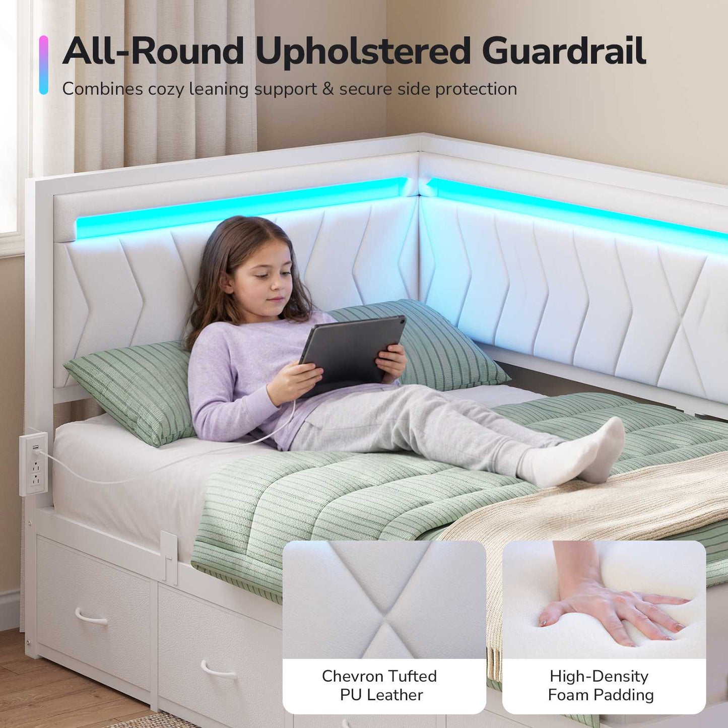 DICTAC | Cyberpunk L-Shaped Gaming Bed Frame with RGB LED Lights, Storage Drawers & Charging Station, White