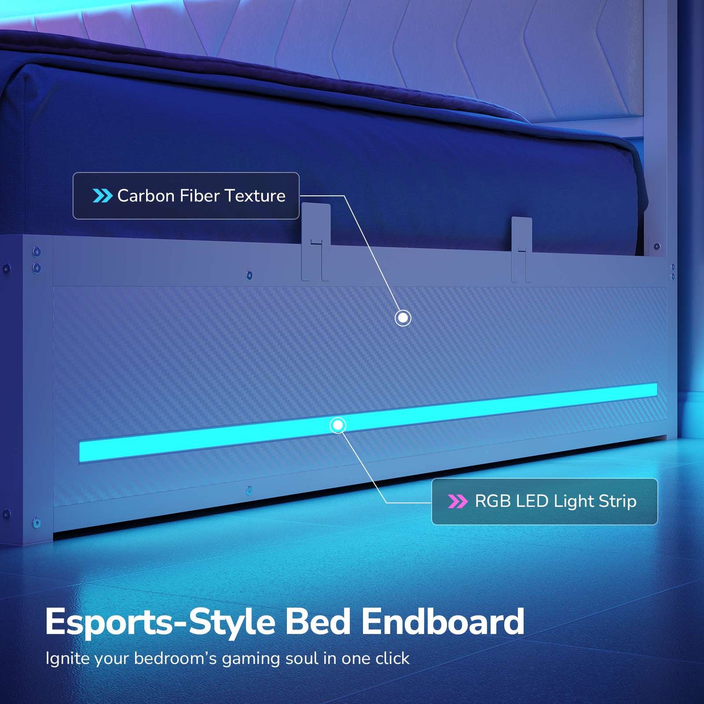 DICTAC | Cyberpunk L-Shaped Gaming Bed Frame with RGB LED Lights, Storage Drawers & Charging Station, White
