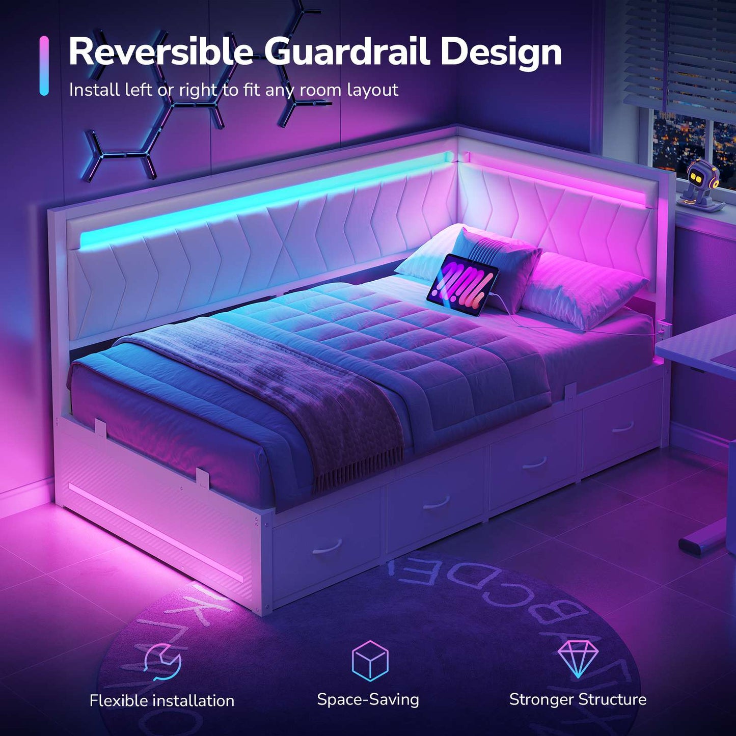 DICTAC | Cyberpunk L-Shaped Gaming Bed Frame with RGB LED Lights, Storage Drawers & Charging Station, White