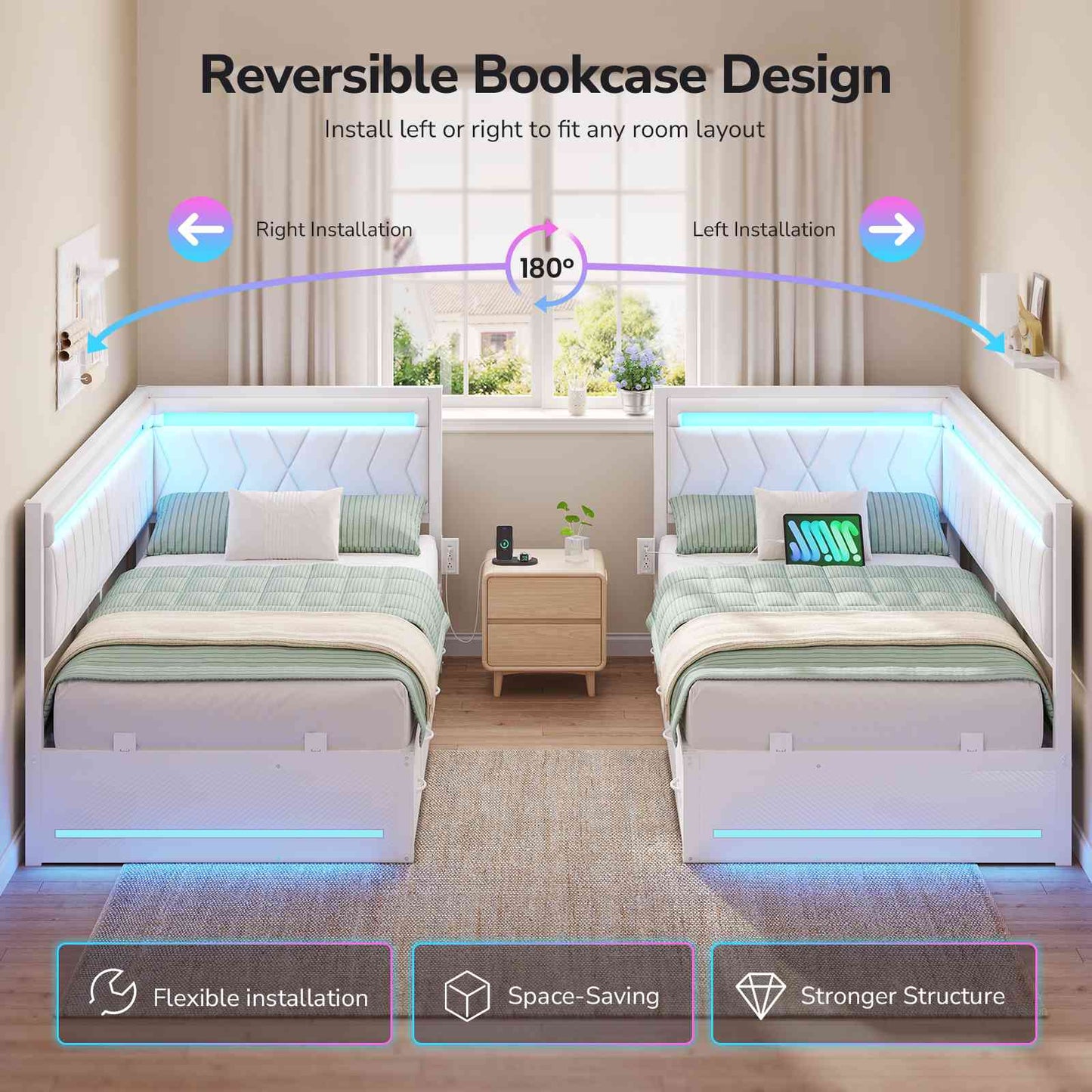 DICTAC | Cyberpunk L-Shaped Gaming Bed Frame with RGB LED Lights, Storage Drawers & Charging Station, White