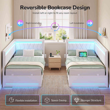 DICTAC | Cyberpunk L-Shaped Gaming Bed Frame with RGB LED Lights, Storage Drawers & Charging Station, White