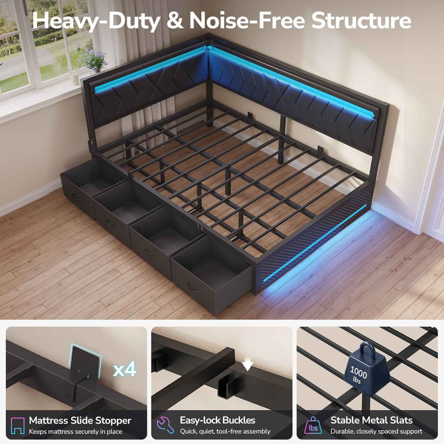 DICTAC | Cyberpunk L-Shaped Gaming Bed Frame with RGB LED Lights, Storage Drawers & Charging Station, Black