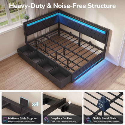 DICTAC | Cyberpunk L-Shaped Gaming Bed Frame with RGB LED Lights, Storage Drawers & Charging Station, Black
