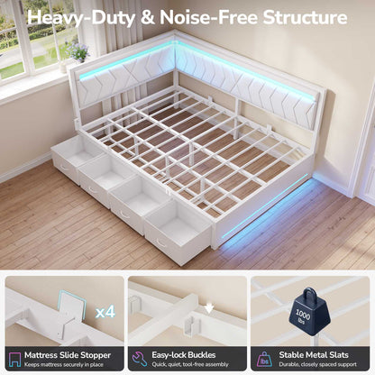 DICTAC | Cyberpunk L-Shaped Gaming Bed Frame with RGB LED Lights, Storage Drawers & Charging Station, White