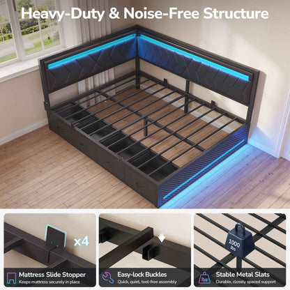 DICTAC | Cyberpunk L-Shaped Gaming Bed Frame with RGB LED Lights, Storage Drawers & Charging Station, Black