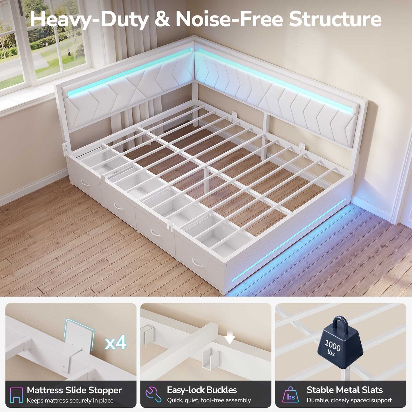 DICTAC | Cyberpunk L-Shaped Gaming Bed Frame with RGB LED Lights, Storage Drawers & Charging Station, White