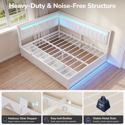 DICTAC | Cyberpunk L-Shaped Gaming Bed Frame with RGB LED Lights, Storage Drawers & Charging Station, White