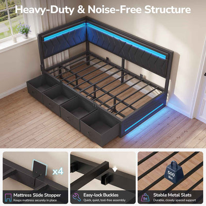 DICTAC | Cyberpunk L-Shaped Gaming Bed Frame with RGB LED Lights, Storage Drawers & Charging Station, Black