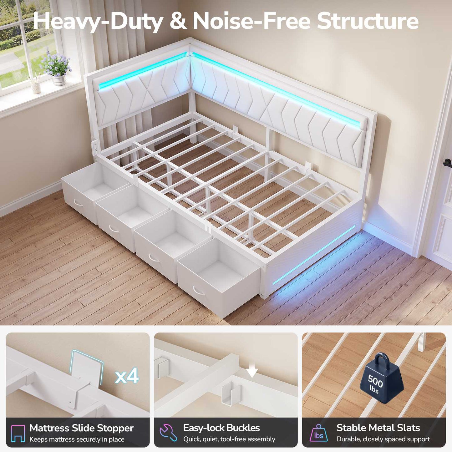 DICTAC | Cyberpunk L-Shaped Gaming Bed Frame with RGB LED Lights, Storage Drawers & Charging Station, White