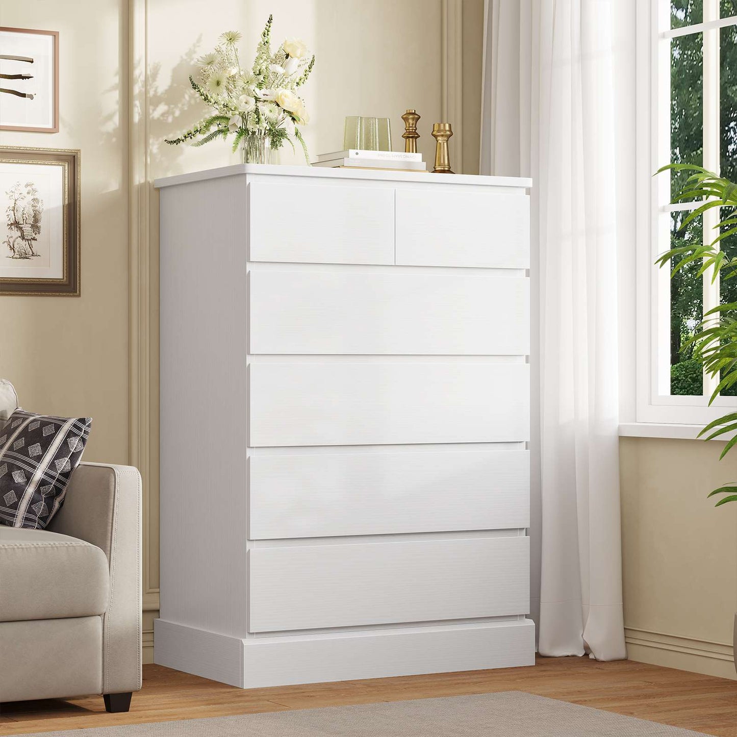 DICTAC | 43.9" Tall Dresser with 6 Drawers, Modern Vertical Chest of Drawers for Bedroom, Narrow Wood Storage Cabinet for Closet, Hallway & Small Spaces (Black/White)