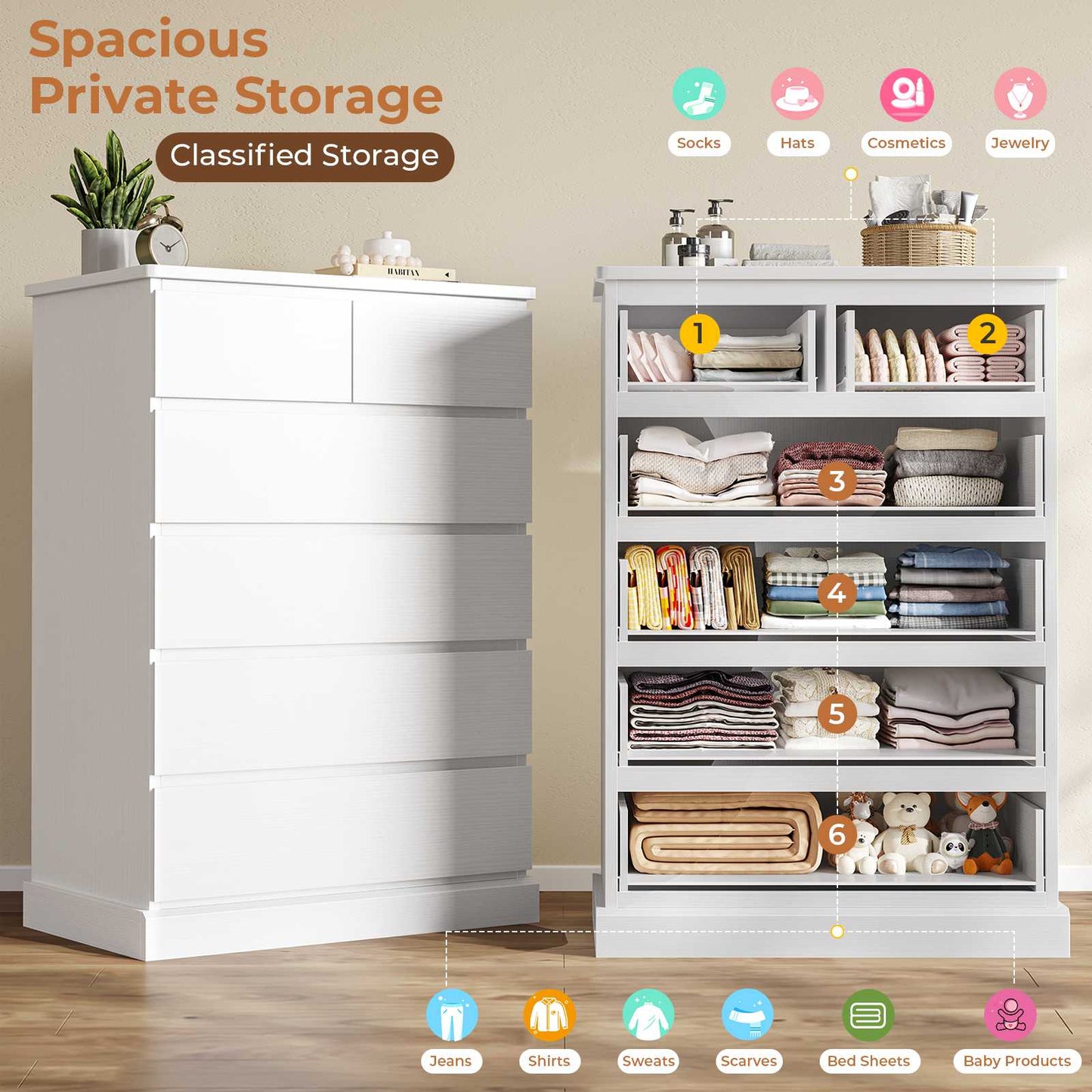 DICTAC | 43.9" Tall Dresser with 6 Drawers, Modern Vertical Chest of Drawers for Bedroom, Narrow Wood Storage Cabinet for Closet, Hallway & Small Spaces (Black/White)