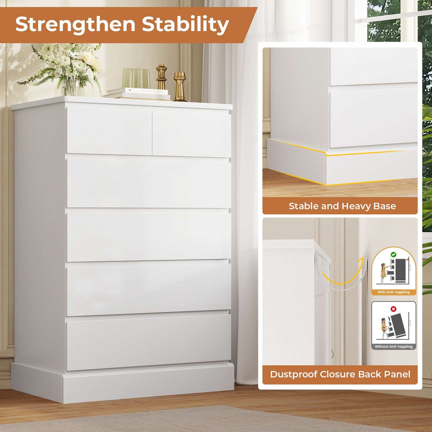 DICTAC | 43.9" Tall Dresser with 6 Drawers, Modern Vertical Chest of Drawers for Bedroom, Narrow Wood Storage Cabinet for Closet, Hallway & Small Spaces (Black/White)