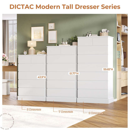 DICTAC | 43.9" Tall Dresser with 6 Drawers, Modern Vertical Chest of Drawers for Bedroom, Narrow Wood Storage Cabinet for Closet, Hallway & Small Spaces (Black/White)