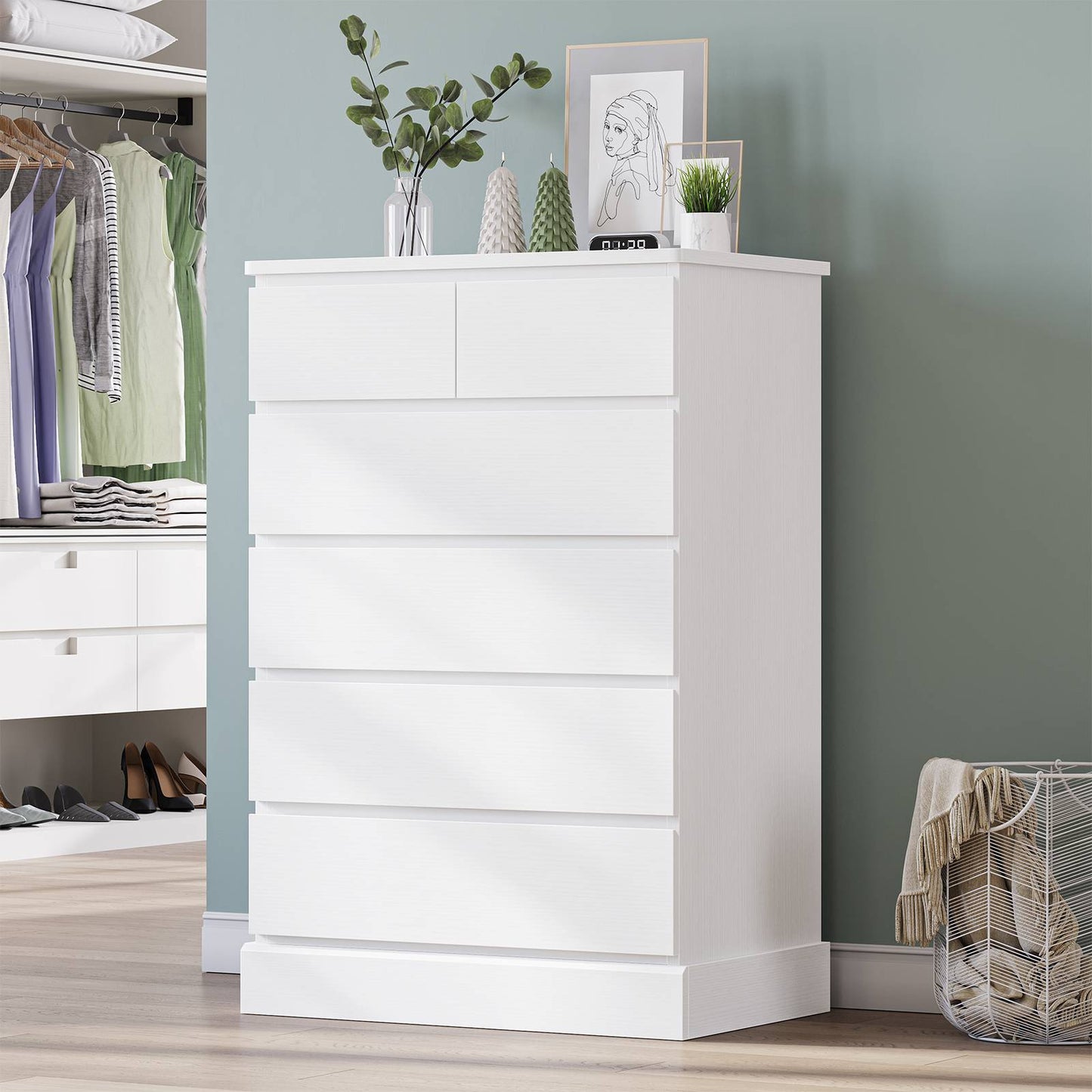 DICTAC | 43.9" Tall Dresser with 6 Drawers, Modern Vertical Chest of Drawers for Bedroom, Narrow Wood Storage Cabinet for Closet, Hallway & Small Spaces (Black/White)