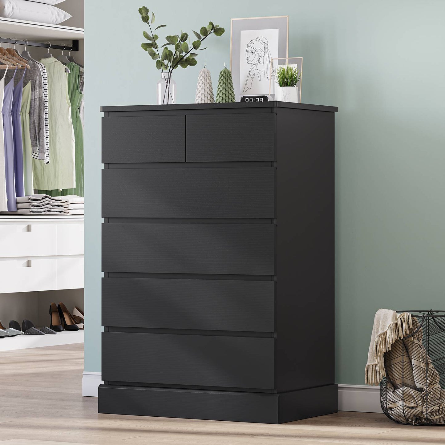 DICTAC | 43.9" Tall Dresser with 6 Drawers, Modern Vertical Chest of Drawers for Bedroom, Narrow Wood Storage Cabinet for Closet, Hallway & Small Spaces (Black/White)