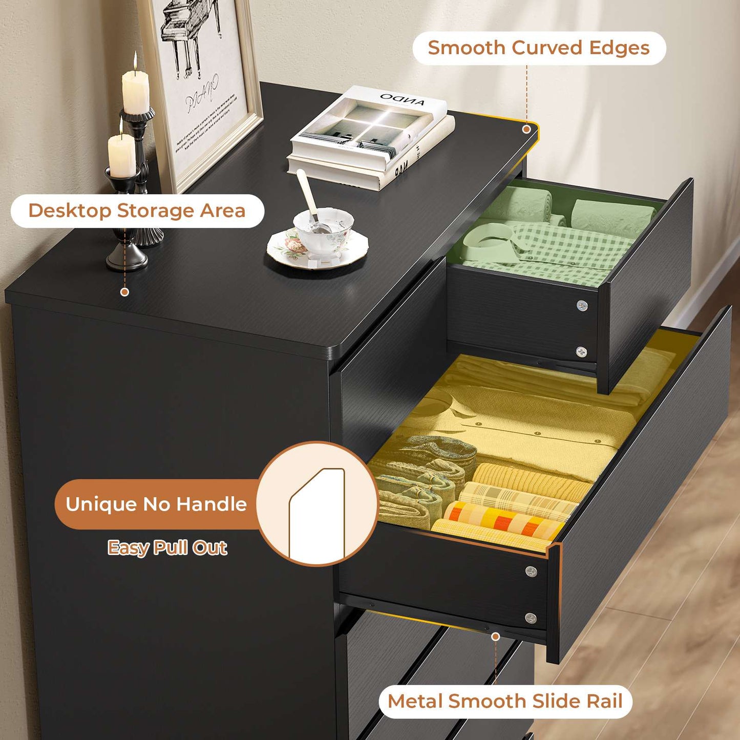 DICTAC | 43.9" Tall Dresser with 6 Drawers, Modern Vertical Chest of Drawers for Bedroom, Narrow Wood Storage Cabinet for Closet, Hallway & Small Spaces (Black/White)